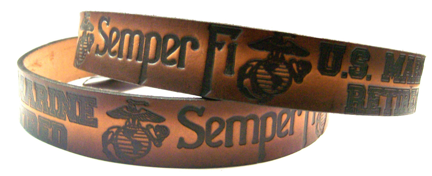Marines Retired scene embossed leather belt