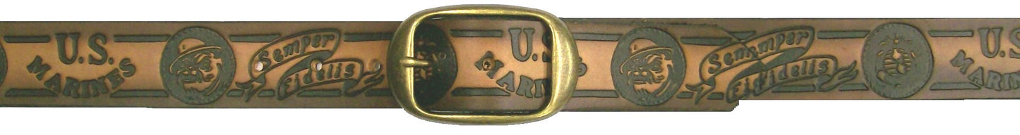 Marines Semper Fidelis Bulldog scene embossed leather belt