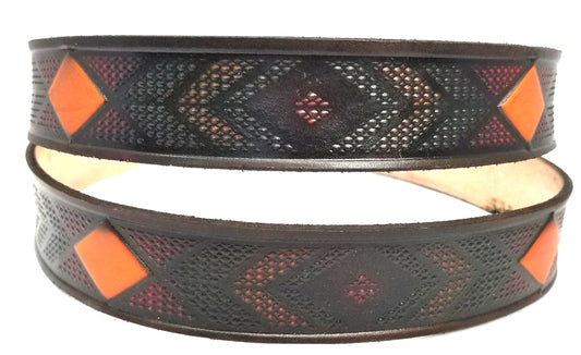 Beaded painted scene embossed leather belt