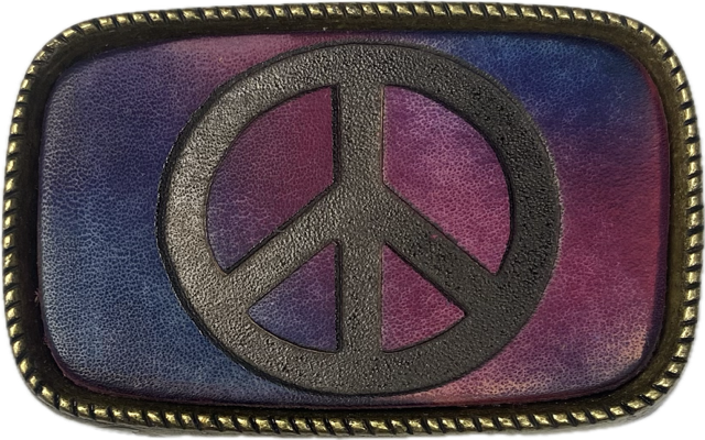 Leather Belt Buckle Tie Dye or Brown Peace Sign Design