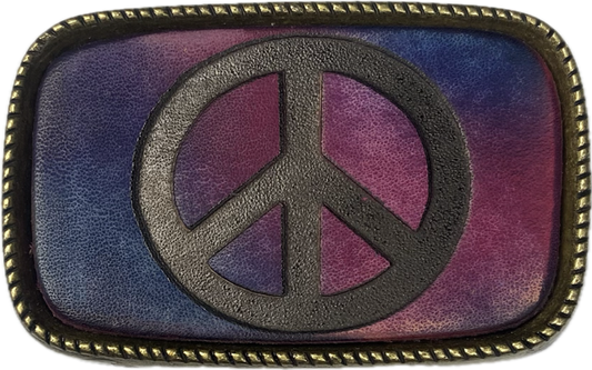Leather Belt Buckle Tie Dye or Brown Peace Sign Design
