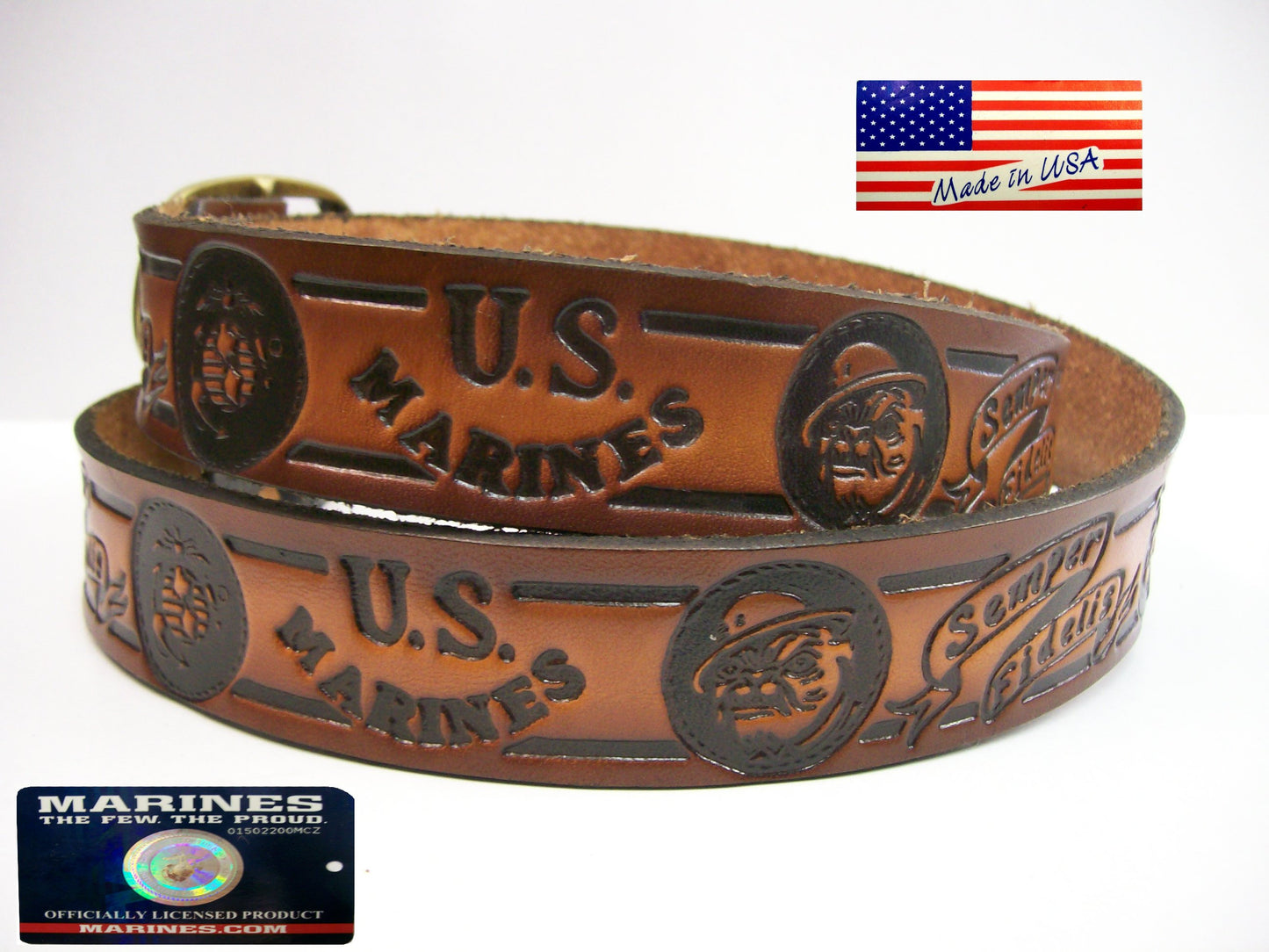 Marines Semper Fidelis Bulldog scene embossed leather belt