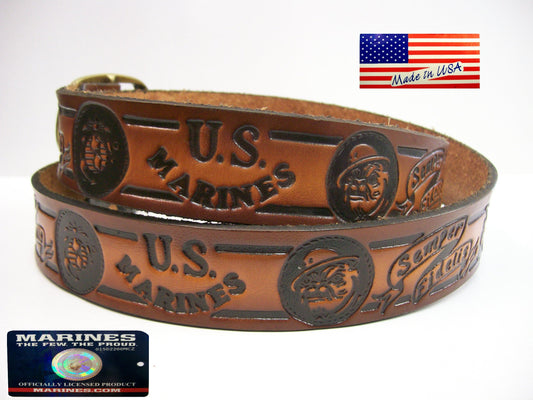 Marines Semper Fidelis Bulldog scene embossed leather belt