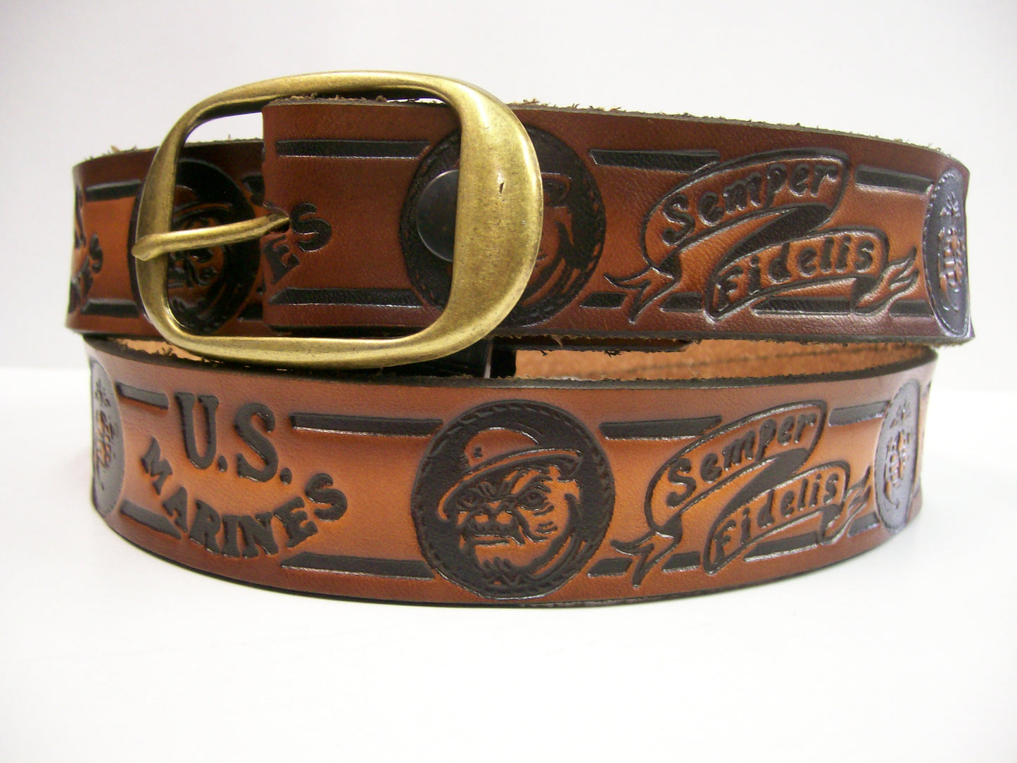 Marines Semper Fidelis Bulldog scene embossed leather belt