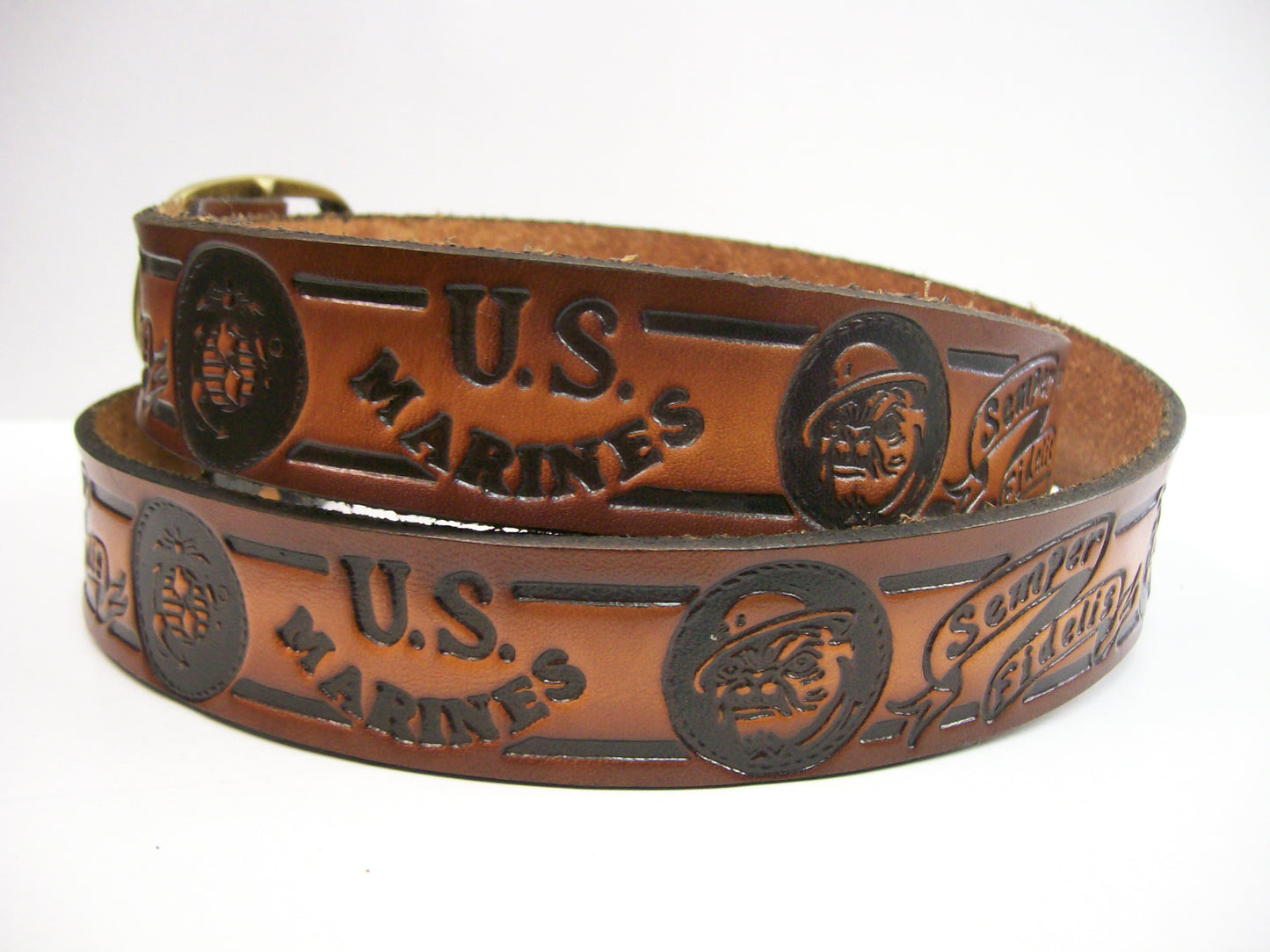 Marines Semper Fidelis Bulldog scene embossed leather belt