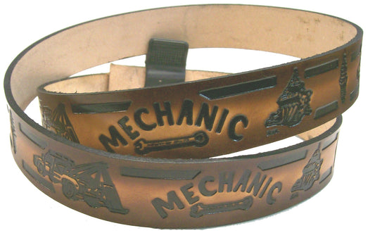 Mechanic scene embossed leather belt