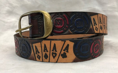 Poker Style painted scene embossed leather belt