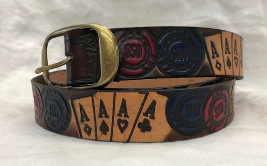 Poker Style painted scene embossed leather belt