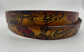 Country Music painted scene embossed leather belt