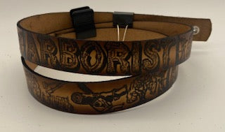 Arborist scene embossed leather belt