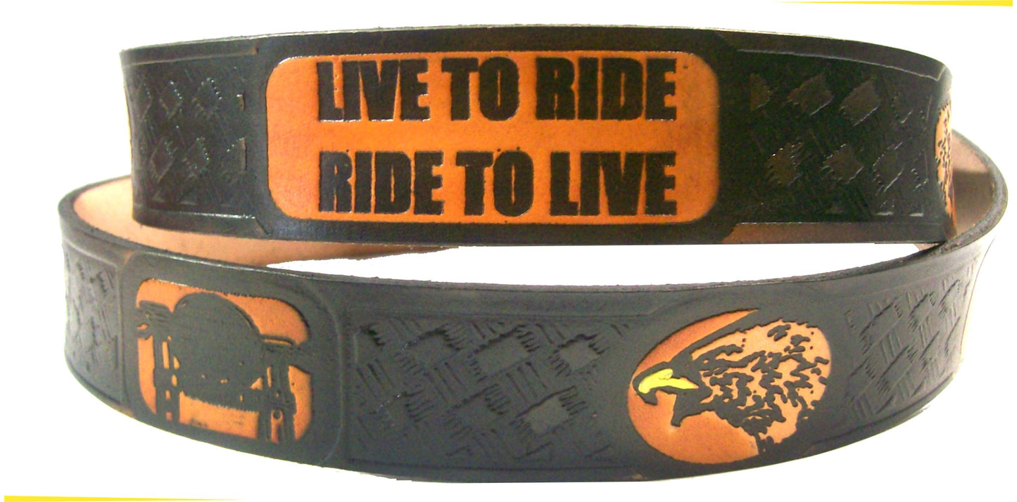 Ride to Live painted scene embossed leather belt