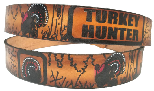 Turkey Hunter scene embossed leather belt