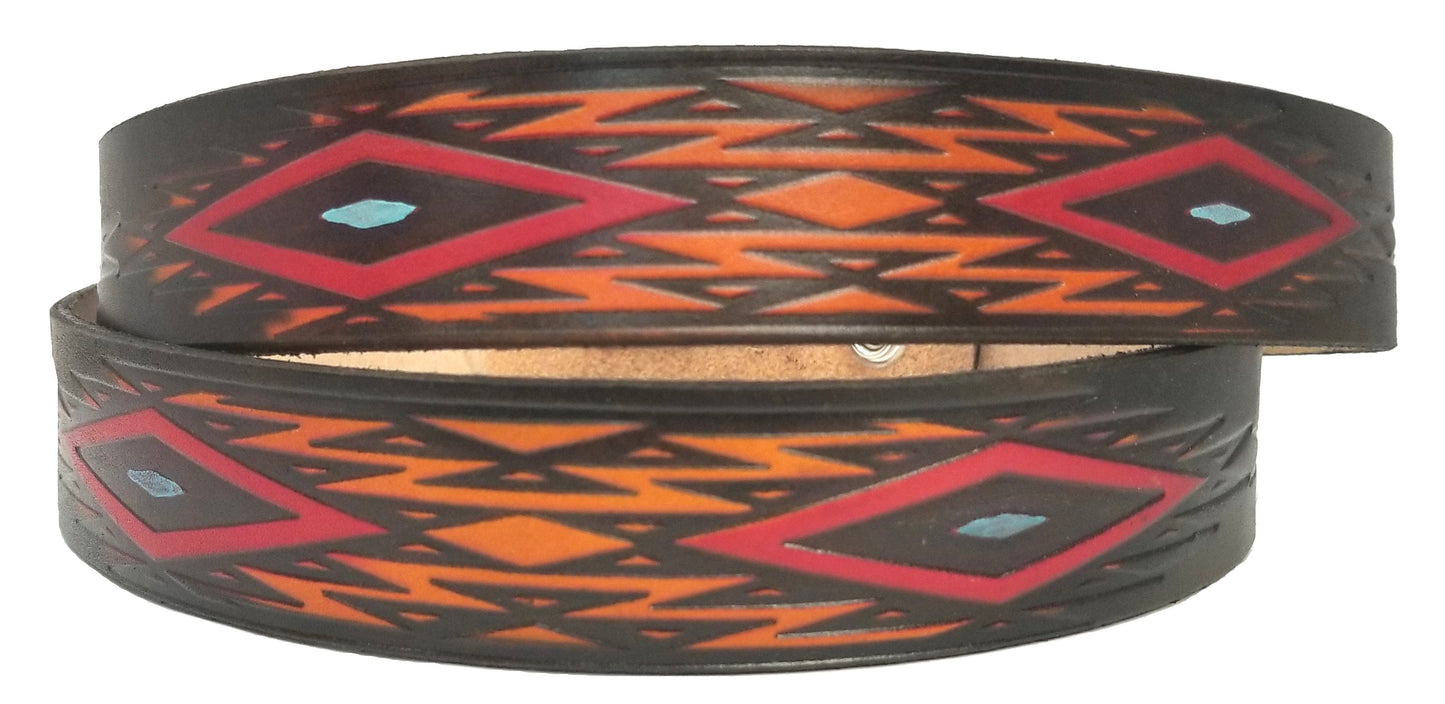 Aztec painted scene embossed leather belt