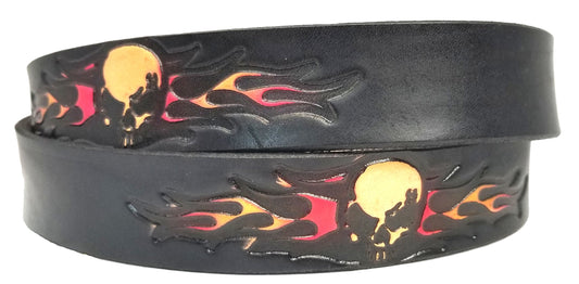 Skull Flames painted scene embossed leather belt