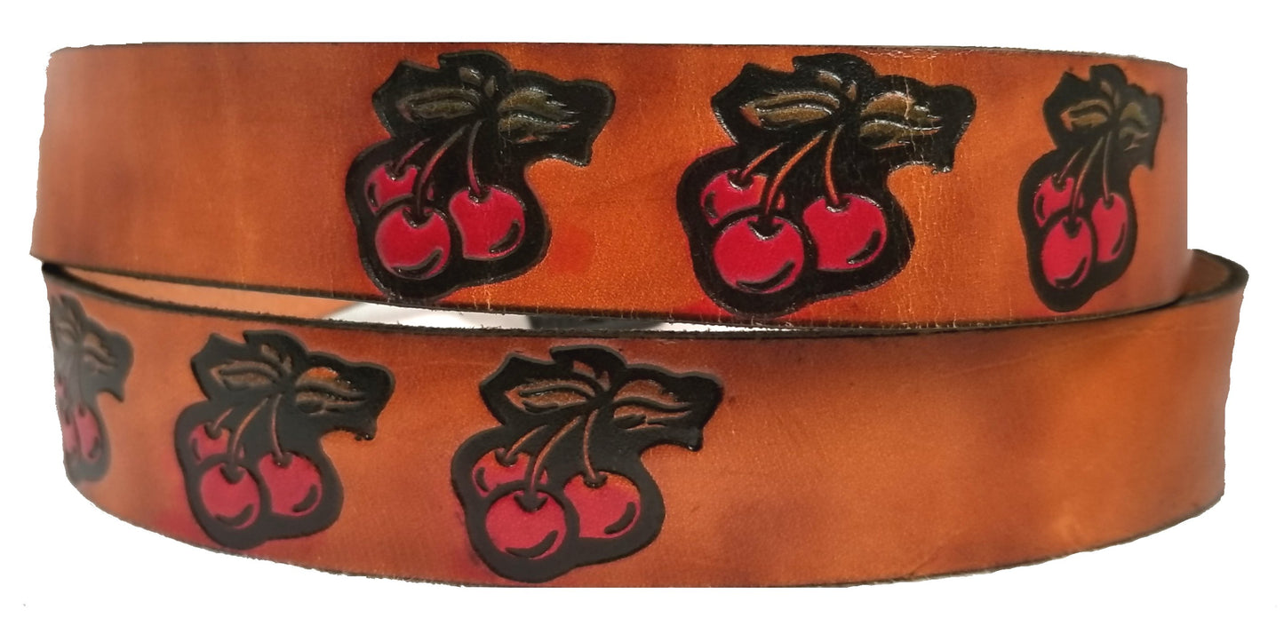 Cherry scene painted embossed leather belt