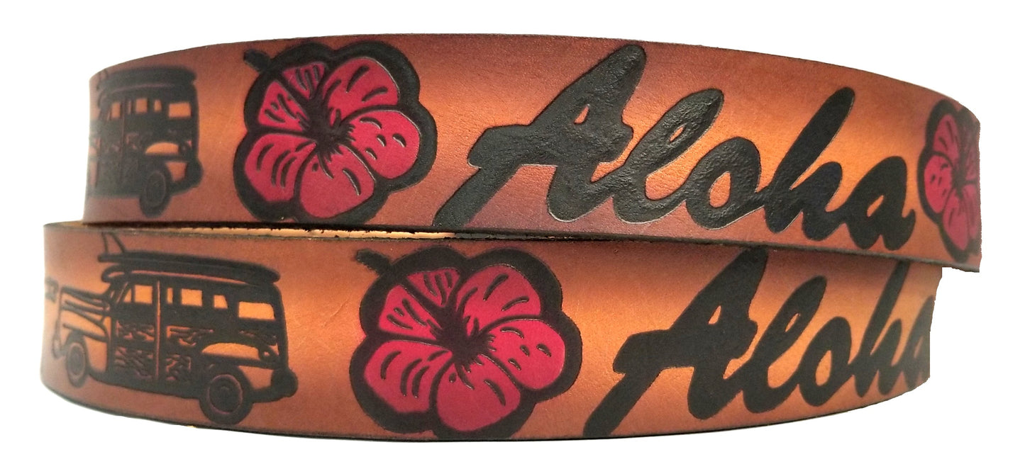 Aloha painted scene embossed leather belt