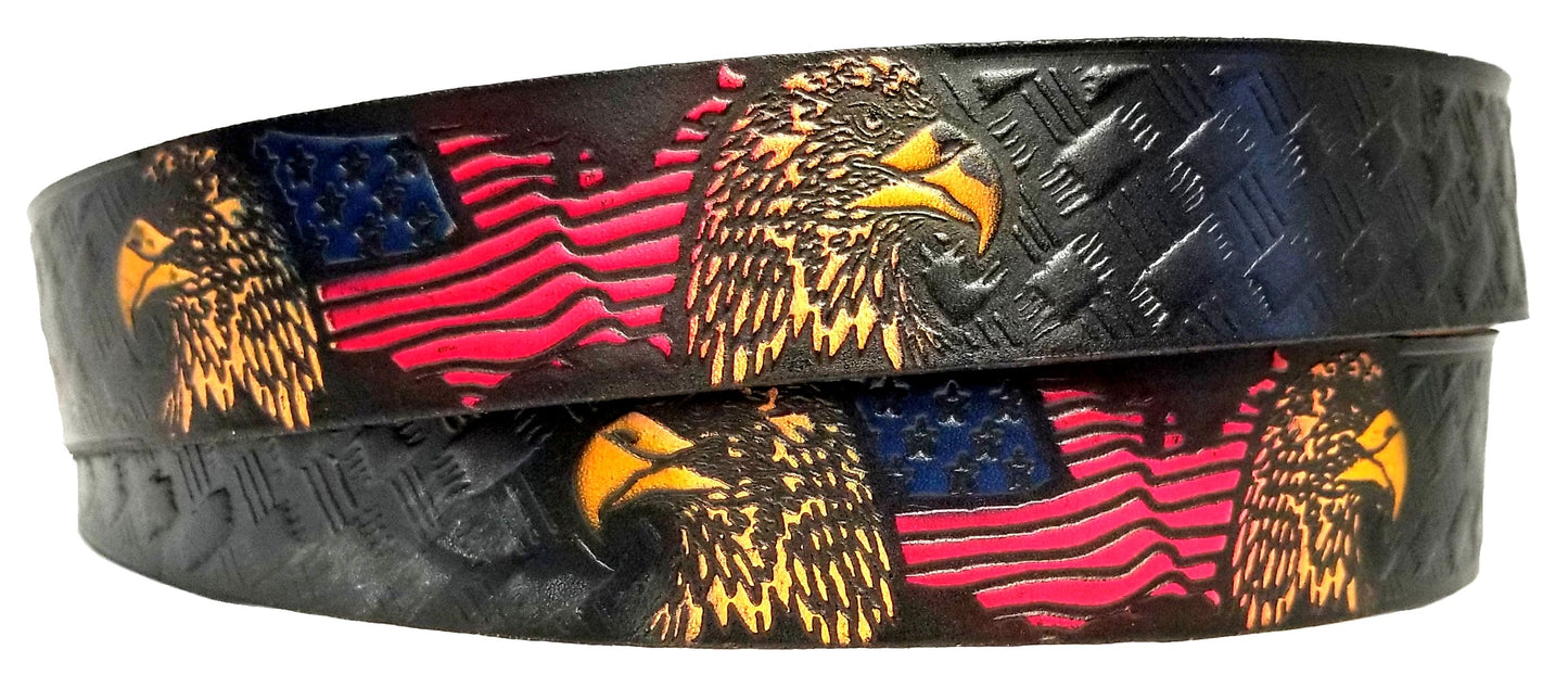 Eagle Flag painted scene embossed leather belt