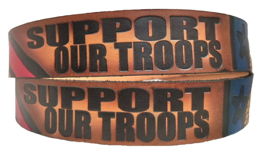 Support Our Troops painted scene embossed leather belt