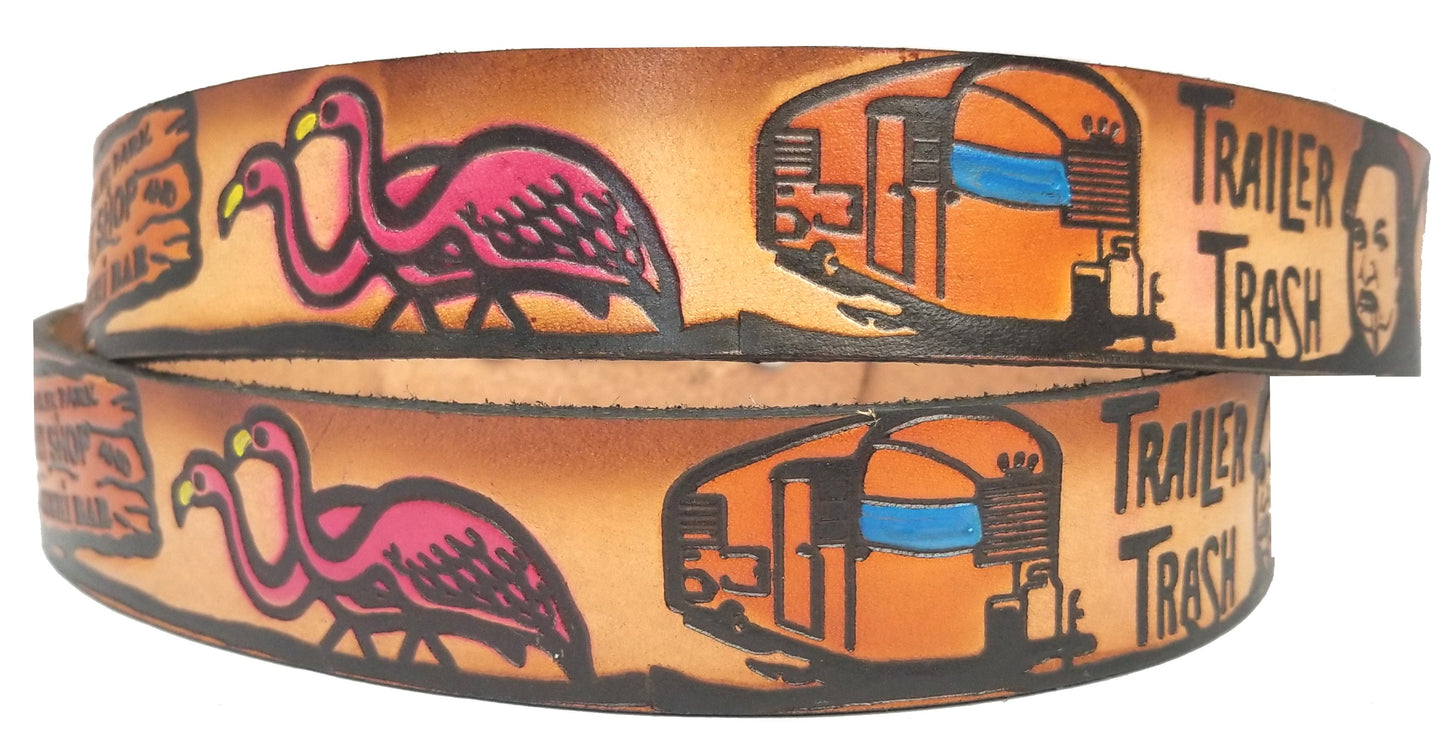 Trailer Trash painted scene embossed leather belt