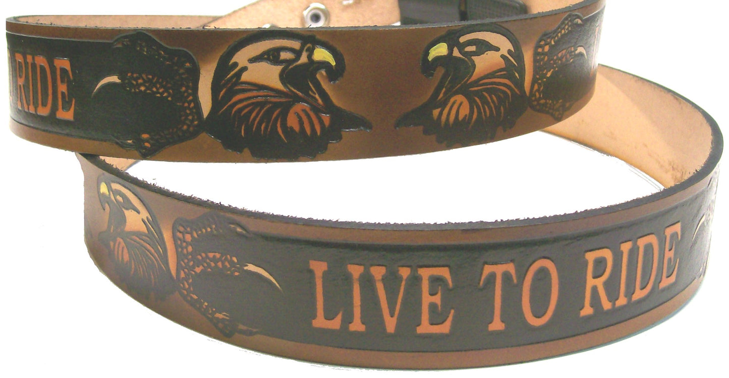 Live to Ride painted scene embossed leather belt