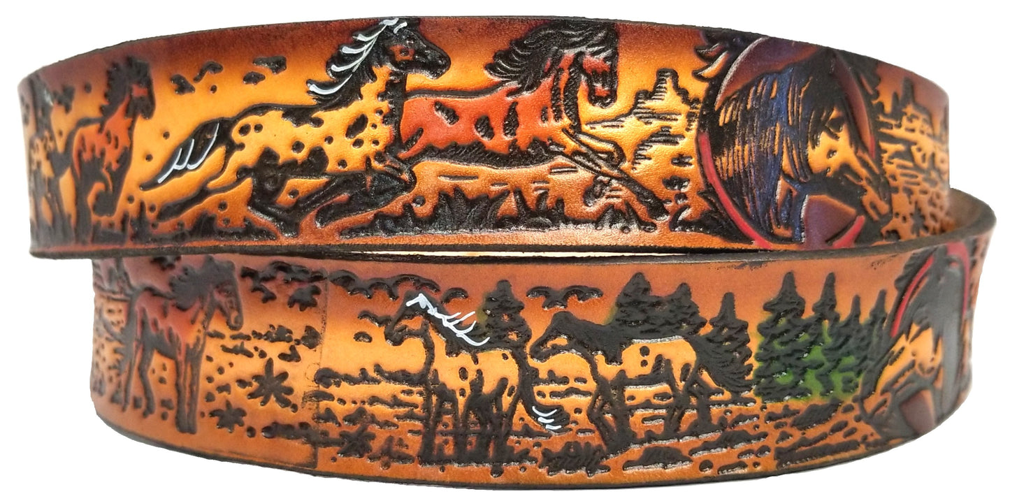 Horses painted scene embossed leather belt