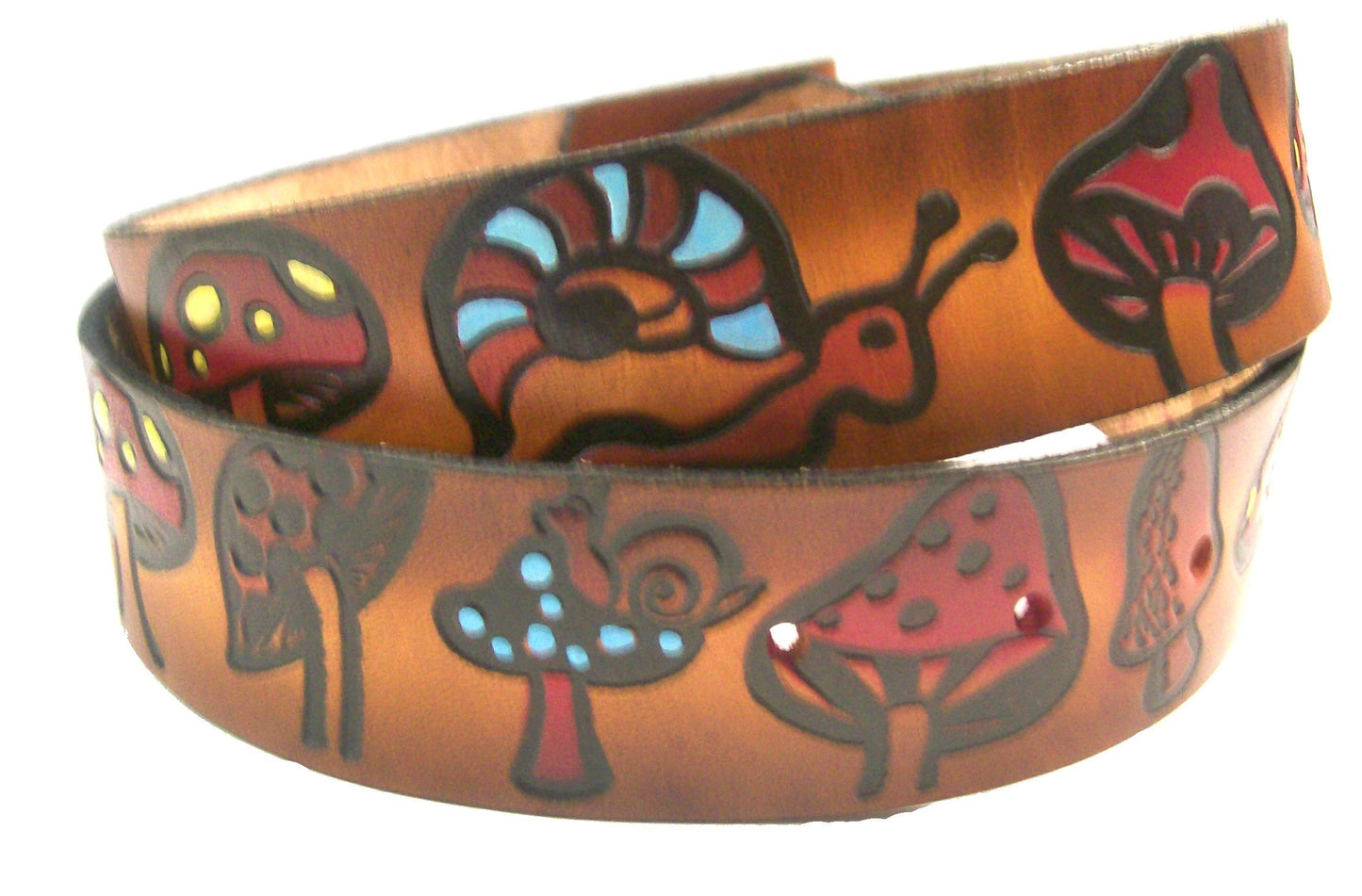 Mushroom/Snail painted scene embossed leather belt