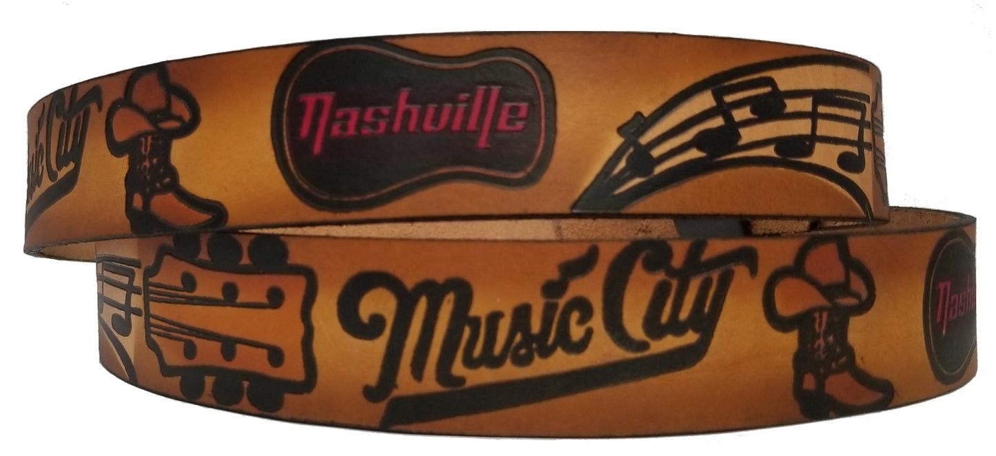 Nashville painted scene embossed leather belt