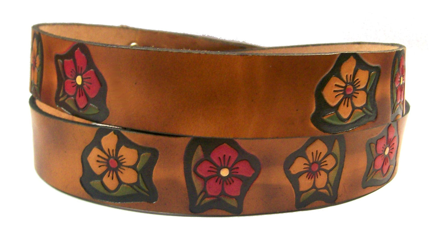 Flower painted scene embossed leather belt