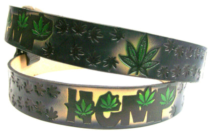 Hemp painted scene black embossed leather belt