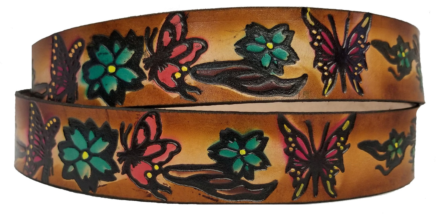 Butterfly painted scene embossed leather belt