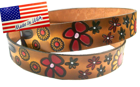 Flowers scene embossed leather belt