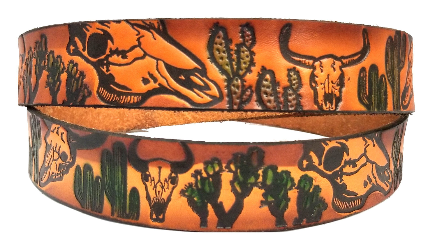 Cattle Skull painted scene embossed leather belt