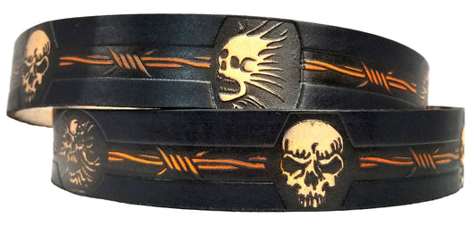 Screaming Skull painted scene embossed leather belt