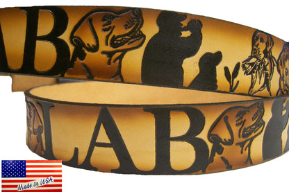 Labrador painted scene embossed leather belt