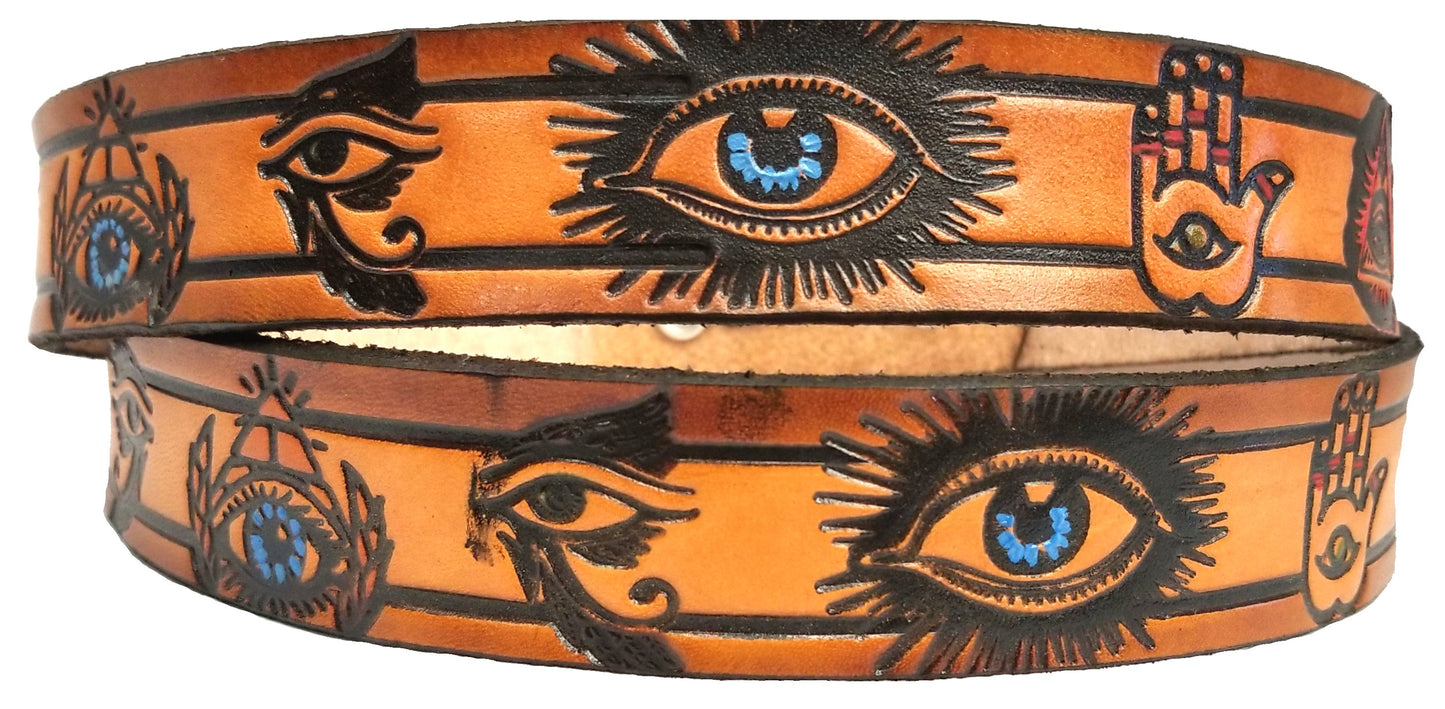 Evil Eye painted scene embossed leather belt