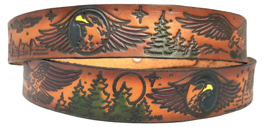 Eagle scene painted embossed leather belt