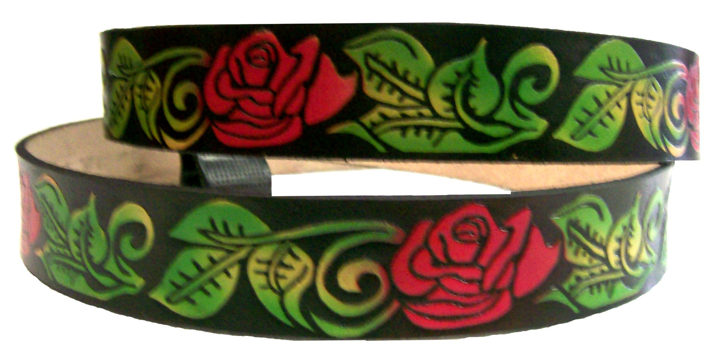 Rose and Leaf painted scene embossed leather belt