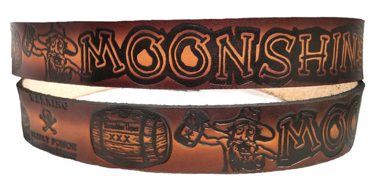 Moonshine scene embossed leather belt