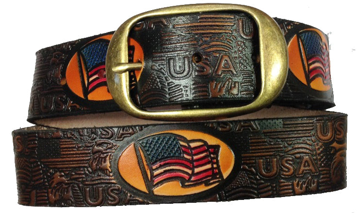 American Flag painted scene embossed leather belt