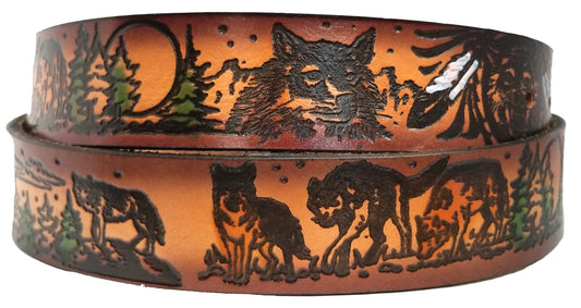 Wolf scene embossed leather belt