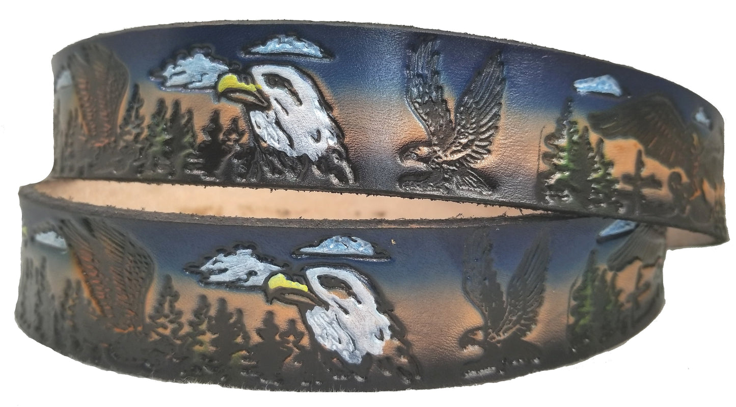 Eagle Blue painted scene embossed leather belt