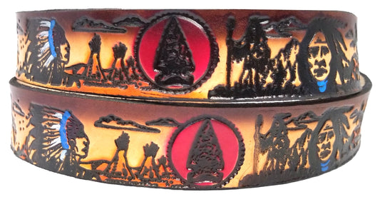 Indian painted scene embossed leather belt