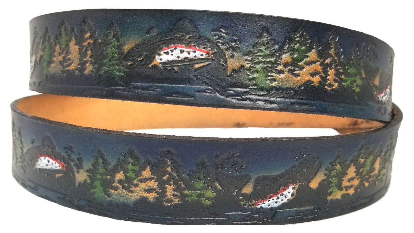 Fishing painted scene embossed leather belt