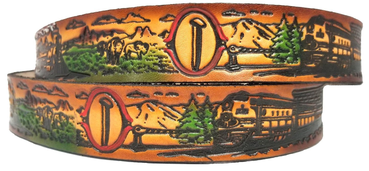 Train painted scene embossed leather belt