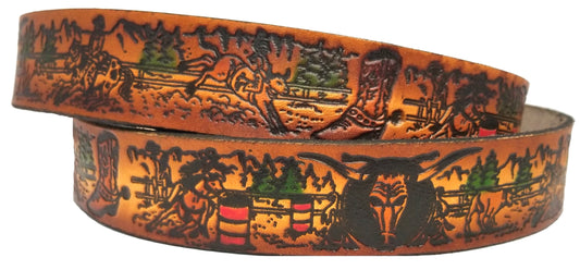 Western Rodeo scene embossed leather belt