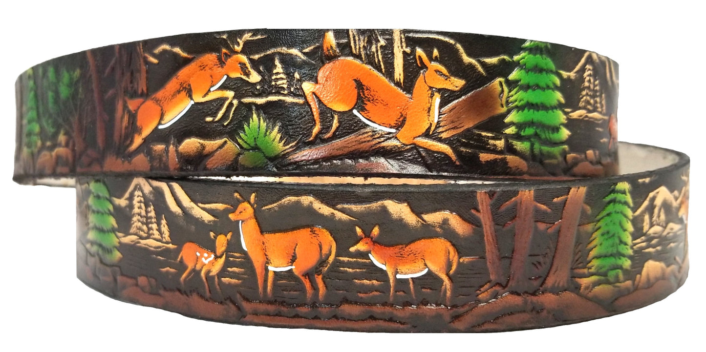 Deer painted scene embossed leather belt