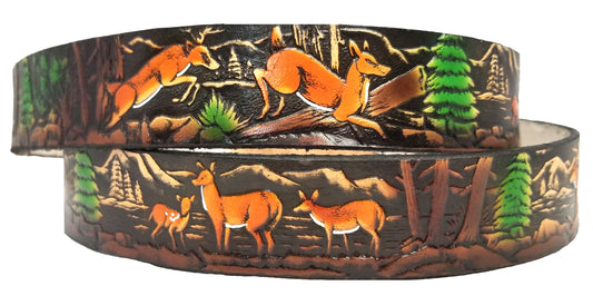 Deer painted scene embossed leather belt