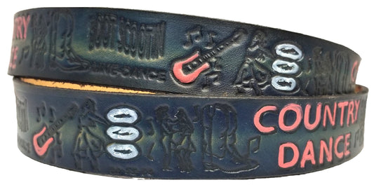 Country Dance painted scene embossed leather belt