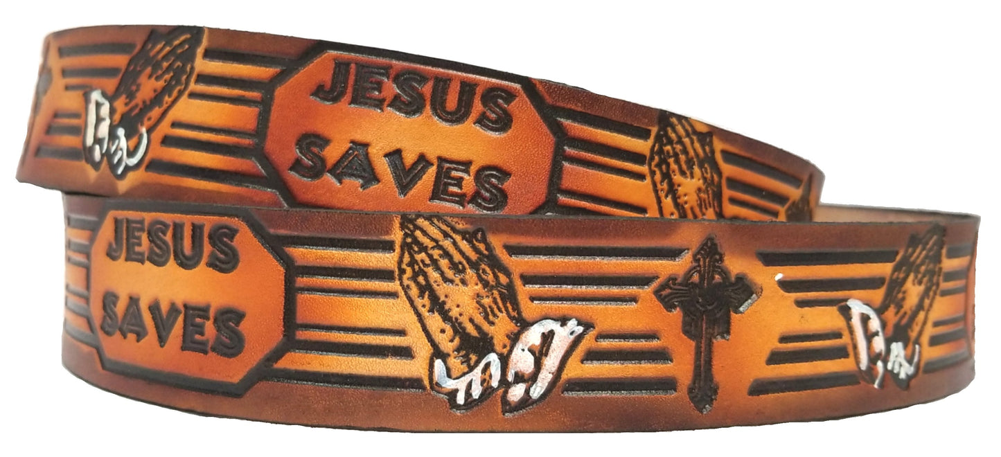 Jesus Saves painted scene embossed leather belt