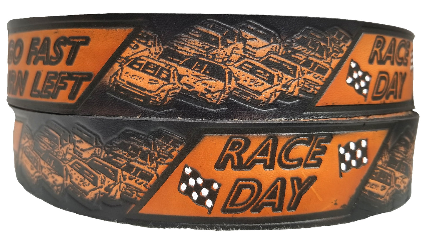 Race Day painted scene embossed leather belt